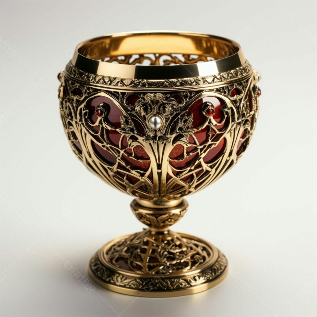 Cálice dourado com detalhes em vermelho e pérolas