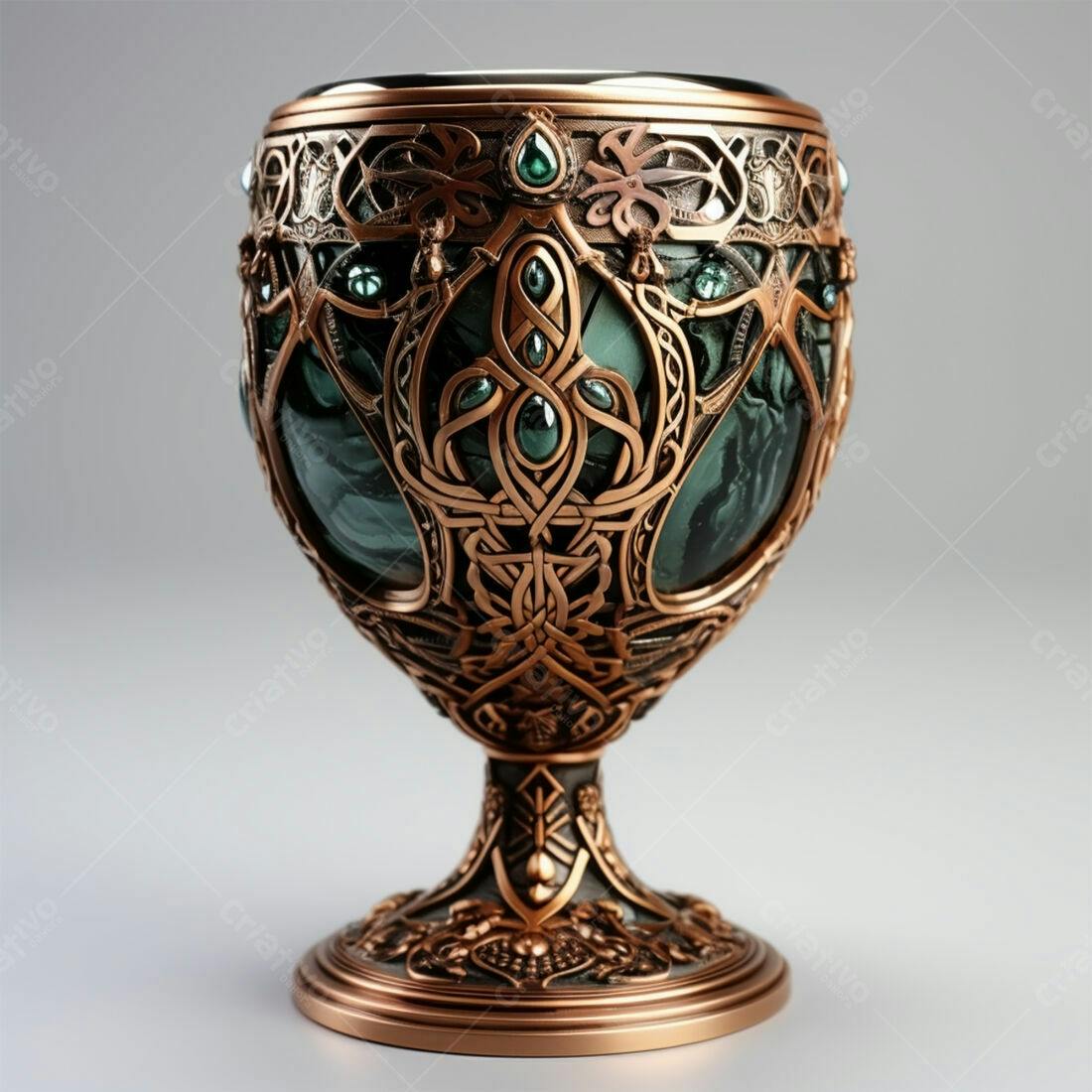 Cálice de bronze e pedra verde esculpido