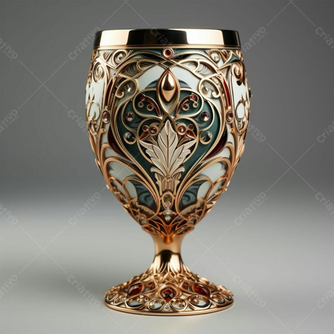 Taça dourada com detalhes em verde e branco
