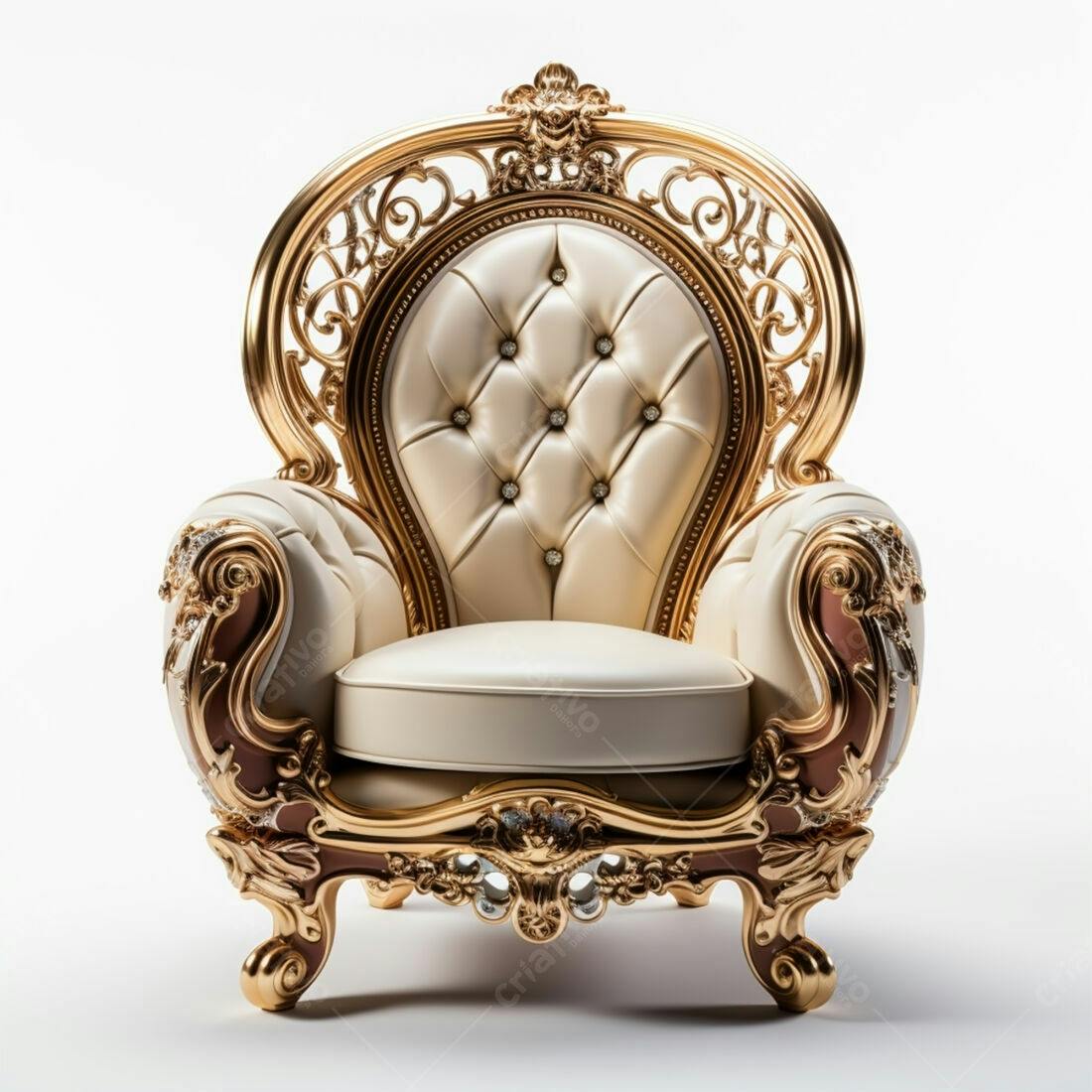 Poltrona Luxuosa Dourada e Creme Detalhes em Madeira