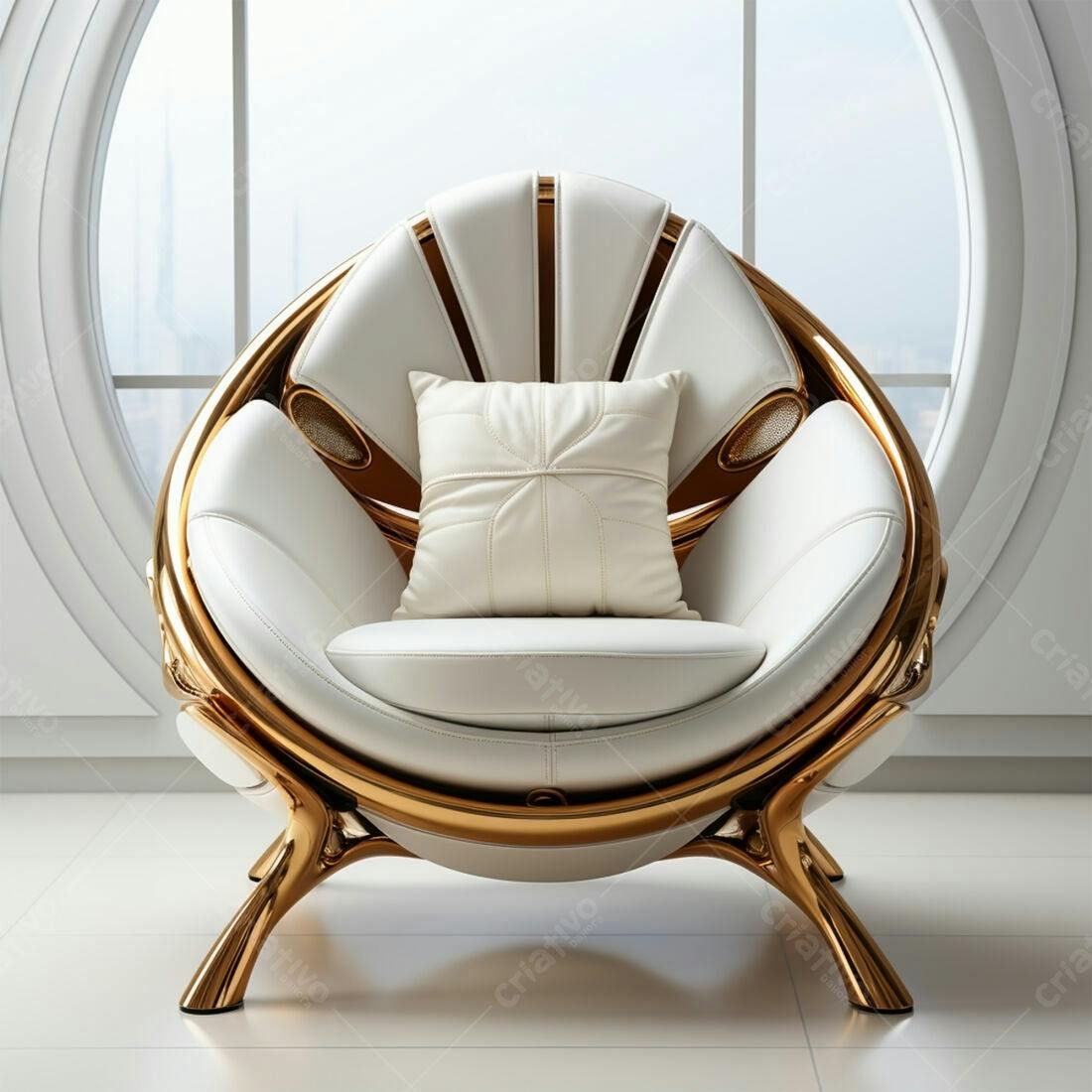 Poltrona de couro branco e dourado moderna