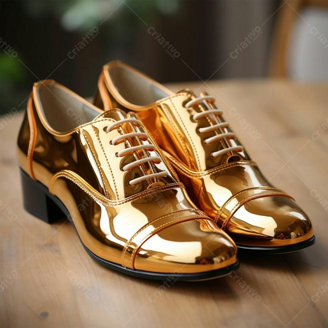 Sapatos dourados de verniz em mesa de madeira
