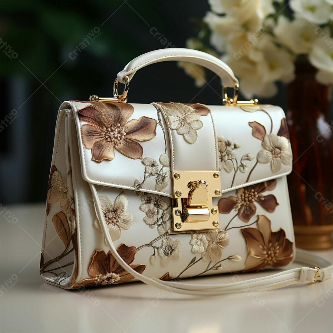 Bolsa feminina branca com bordado floral