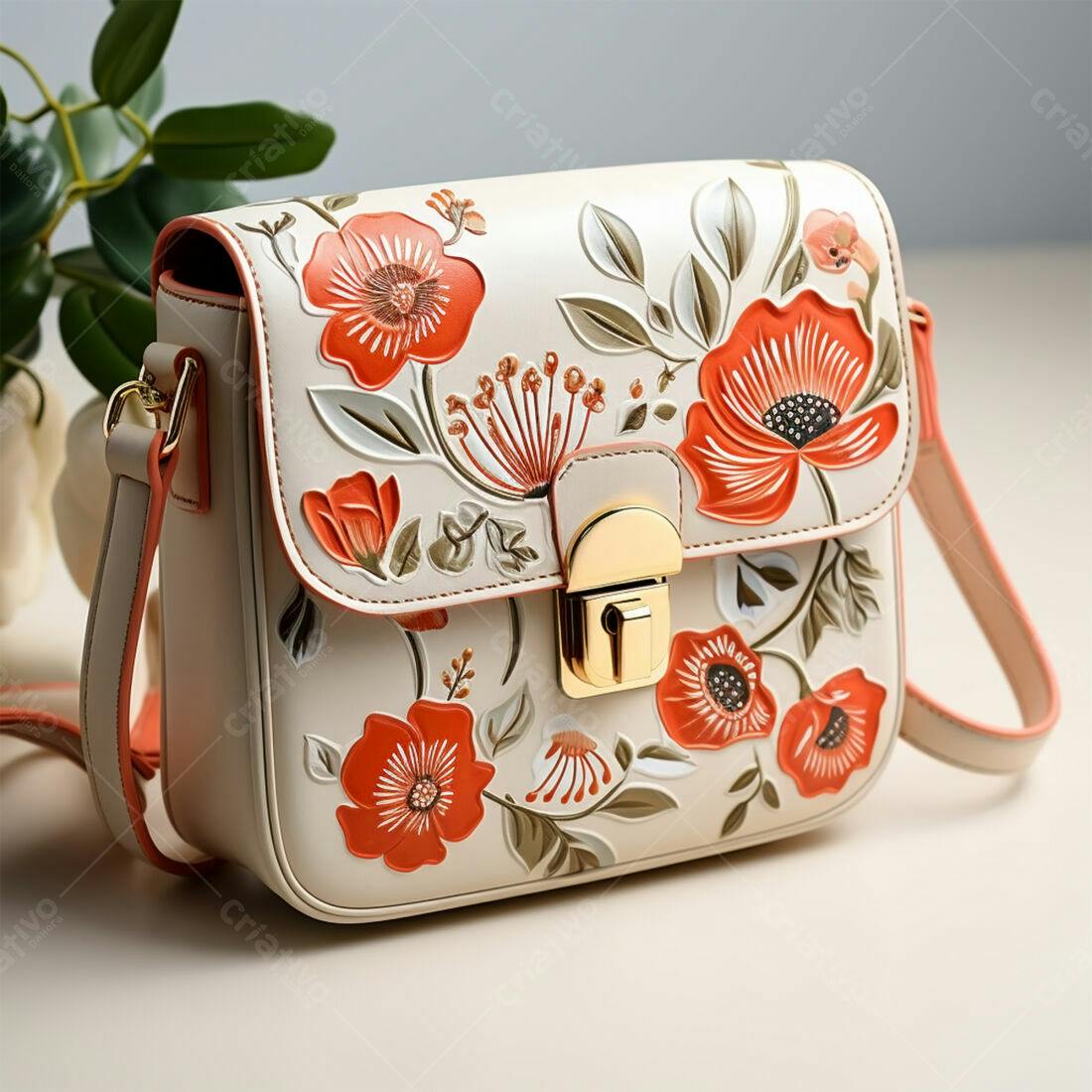 Bolsa feminina creme com flores em relevo