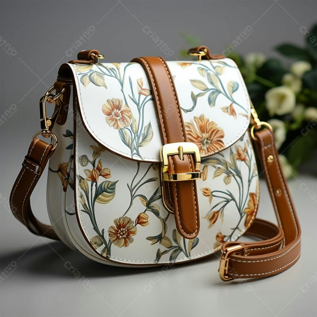 Bolsa feminina floral marrom e branca