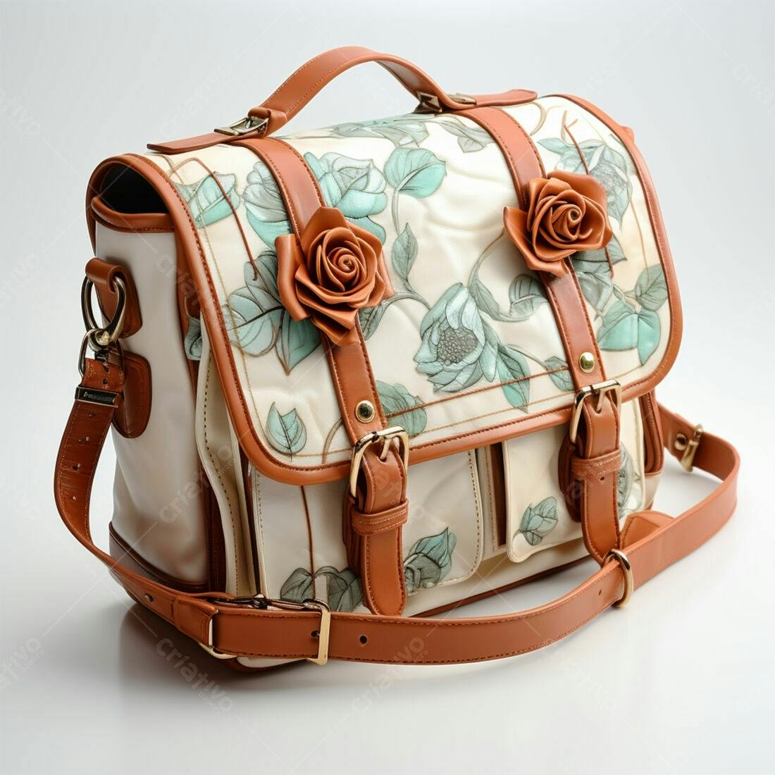 Bolsa feminina floral creme e marrom