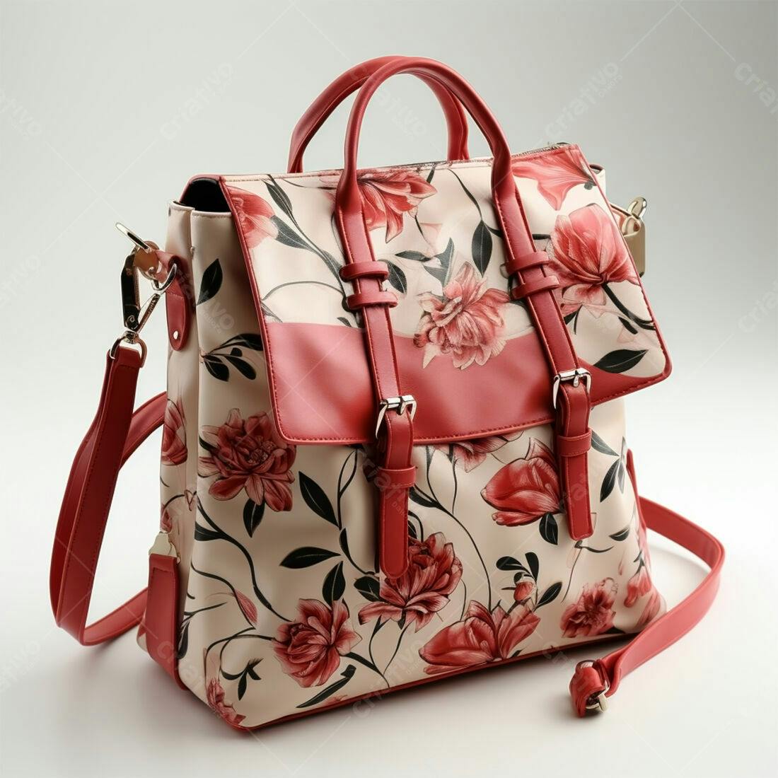 Bolsa feminina estampada floral vermelha e bege