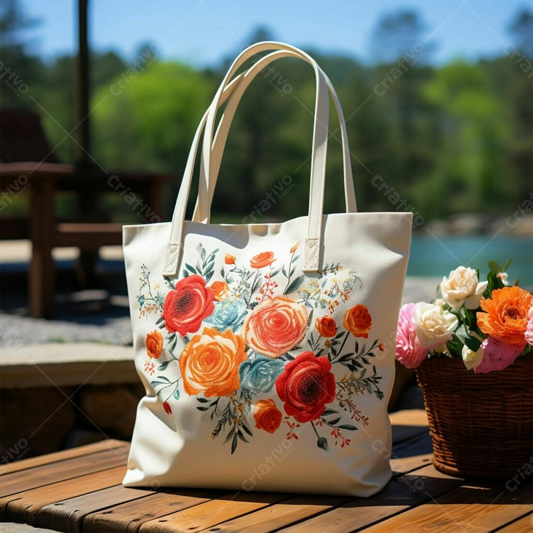 Bolsa tote floral em tons de laranja e vermelho