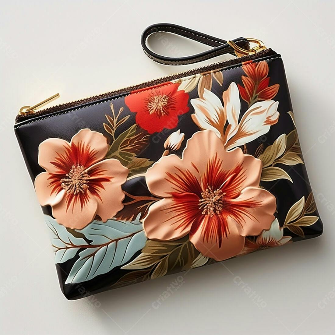 Carteira floral com flores em relevo