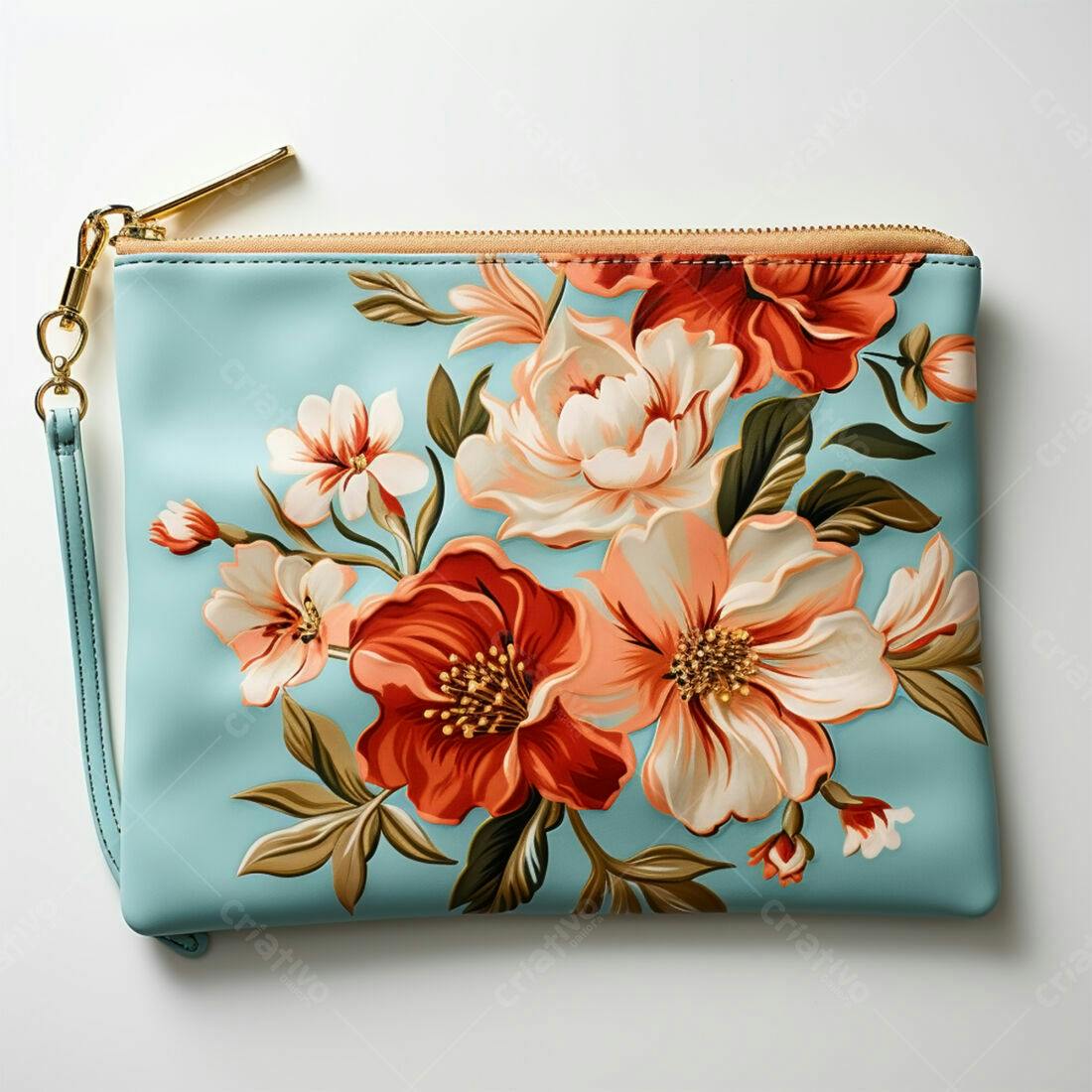 Clutch floral azul com flores vermelhas e brancas