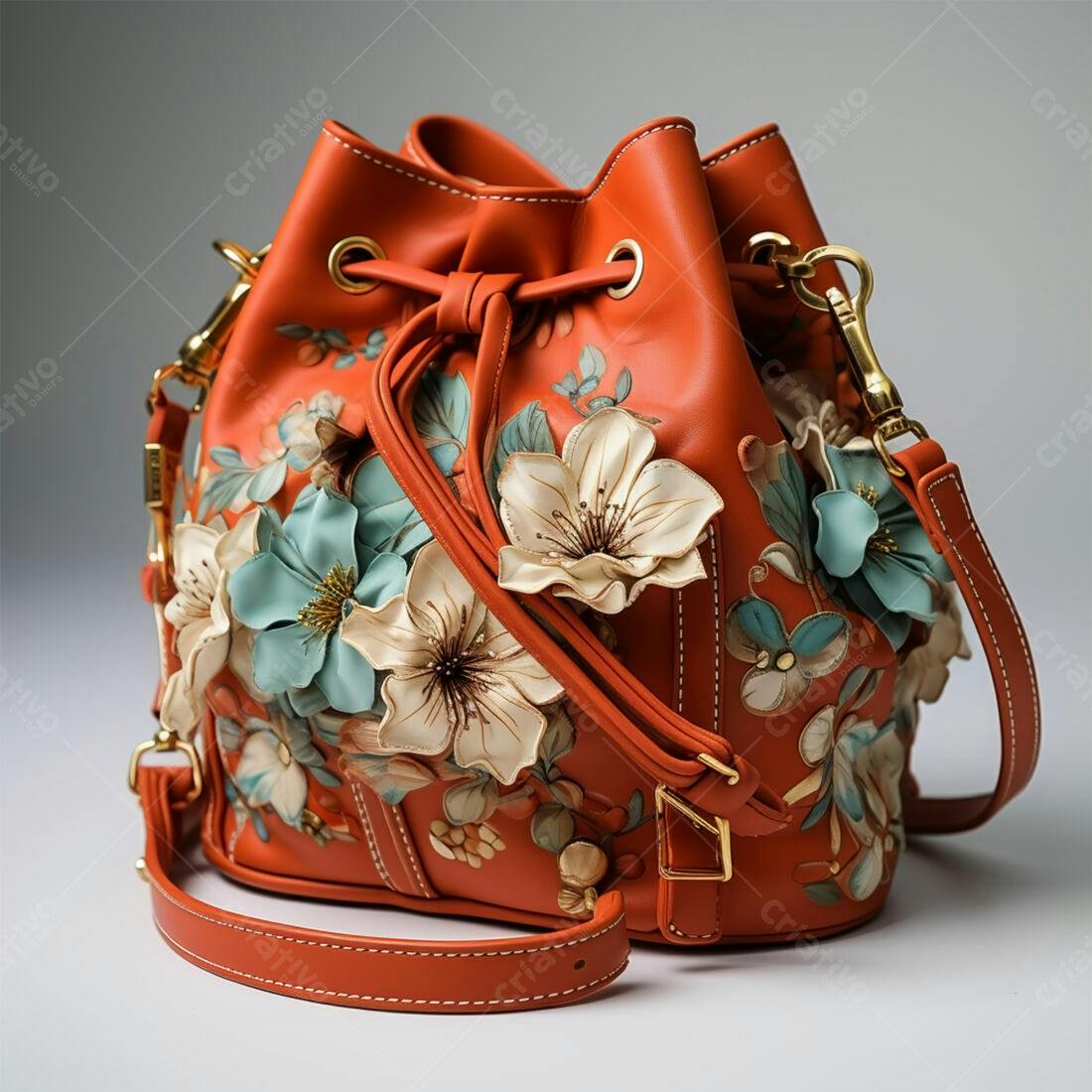 Bolsa feminina laranja com flores em relevo