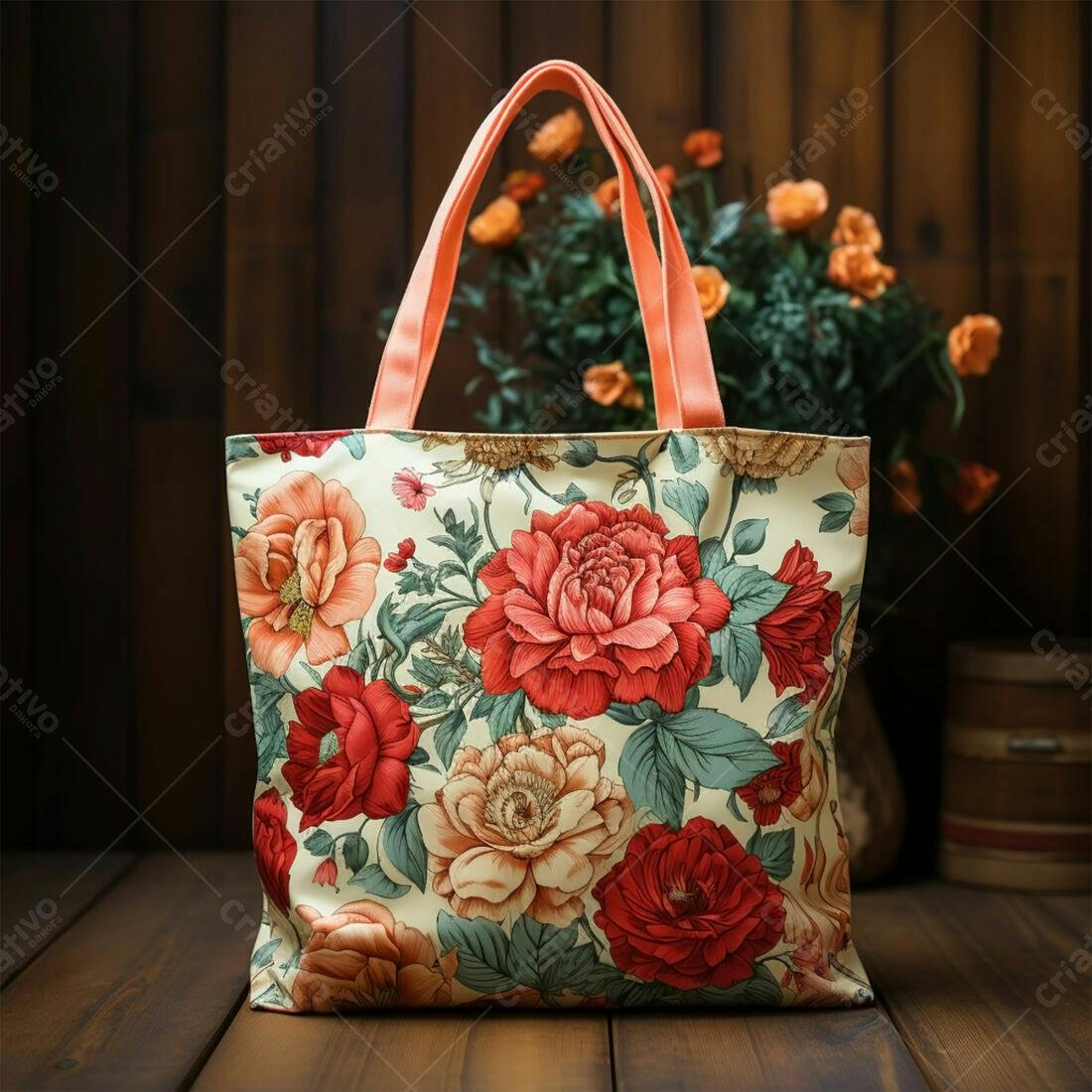 Bolsa de tecido com estampa floral vermelha e creme