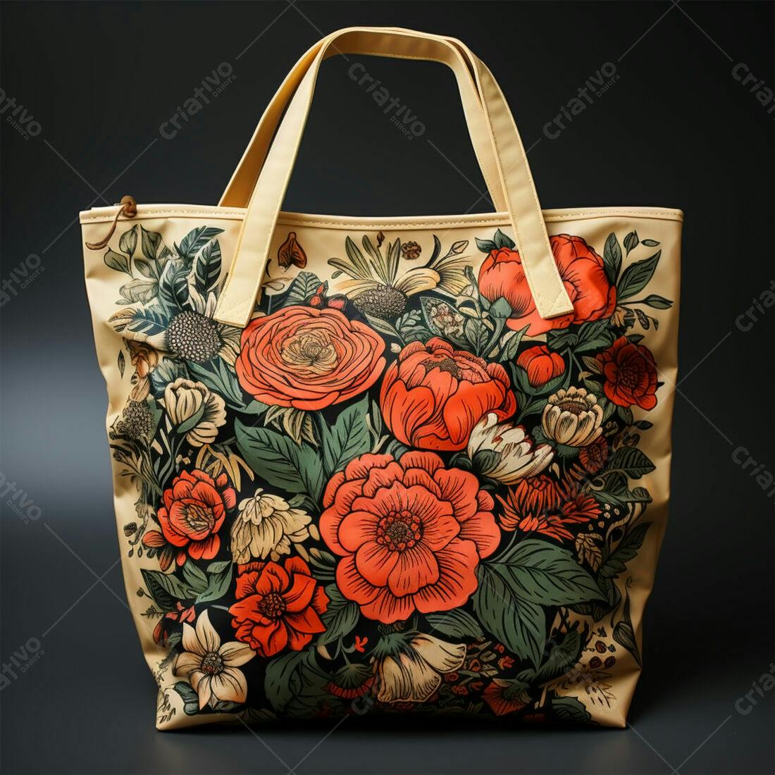 Bolsa Tote com Estampa Floral Vermelha e Bege