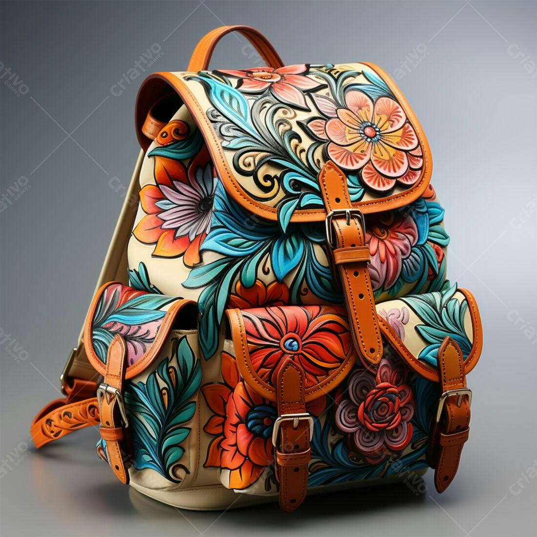 Mochila de couro com estampa floral colorida