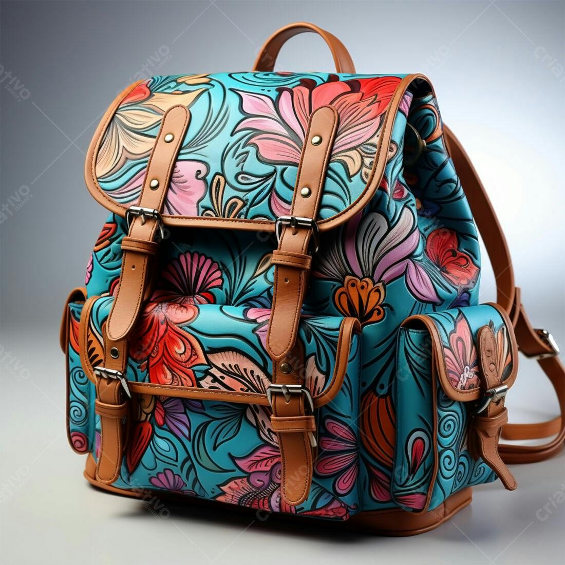 Mochila turquesa com estampa floral