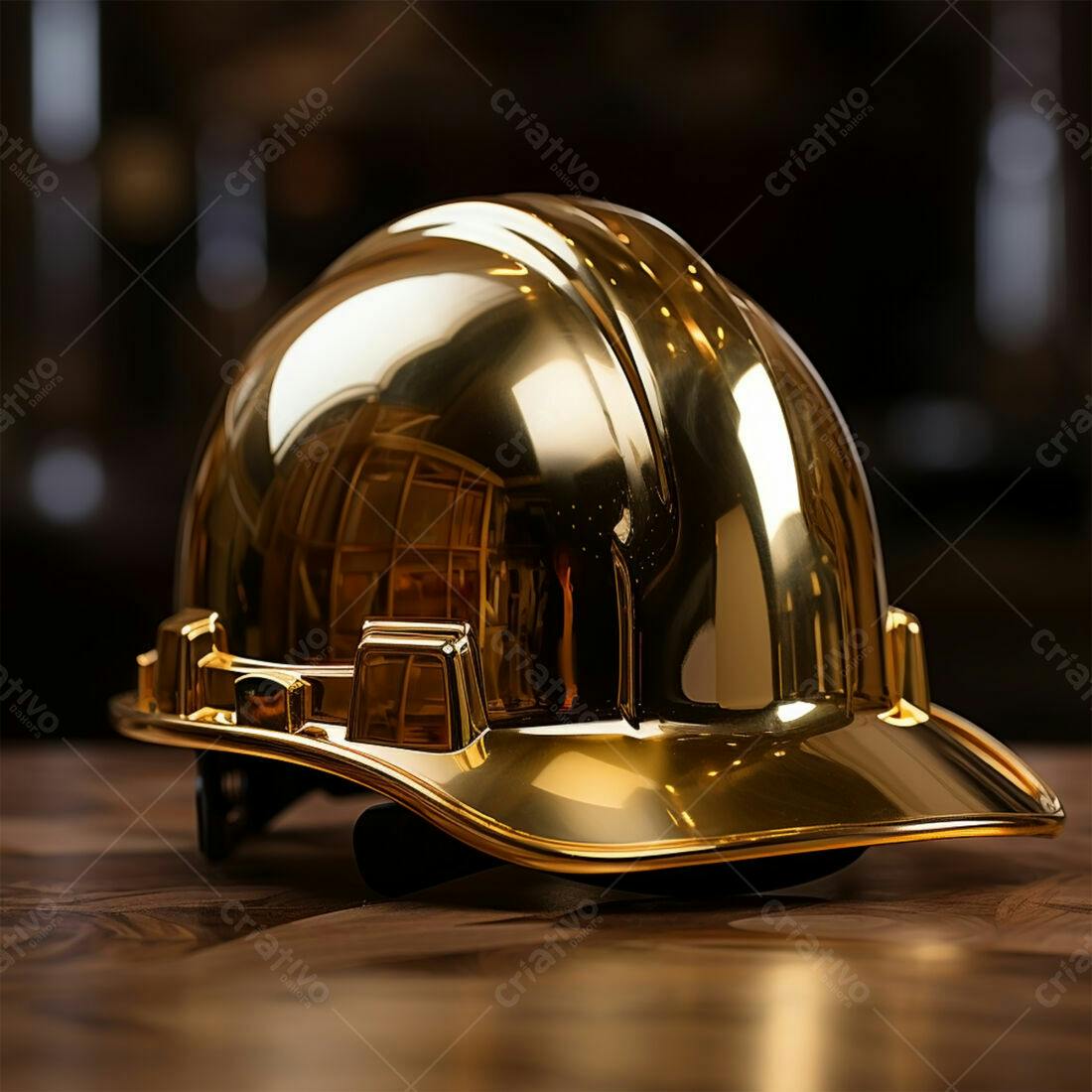Capacete dourado em superfície de madeira