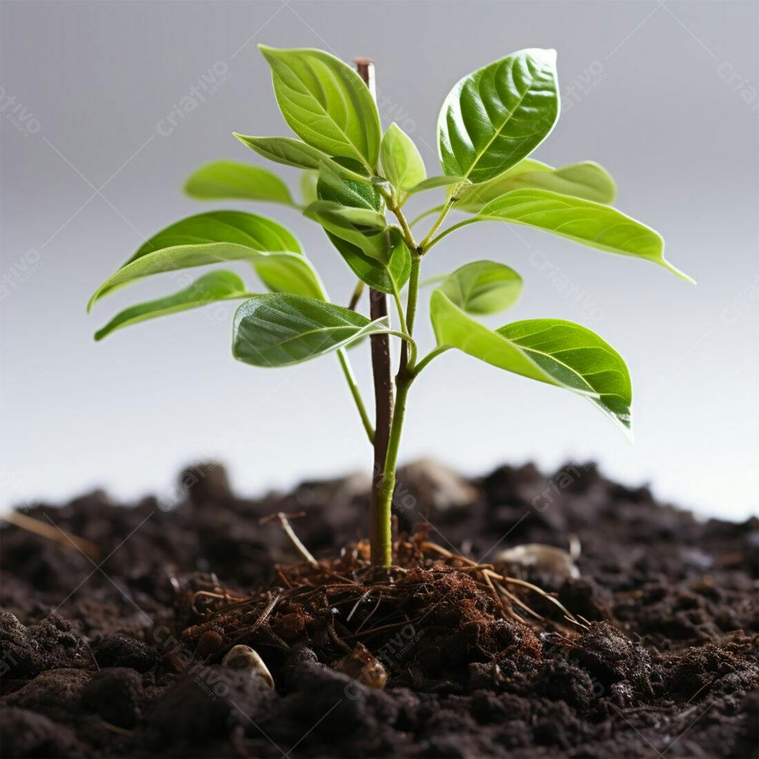 Planta jovem crescendo solo escuro