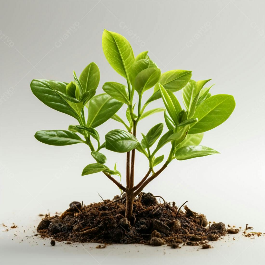 Planta jovem crescendo solo fundo branco