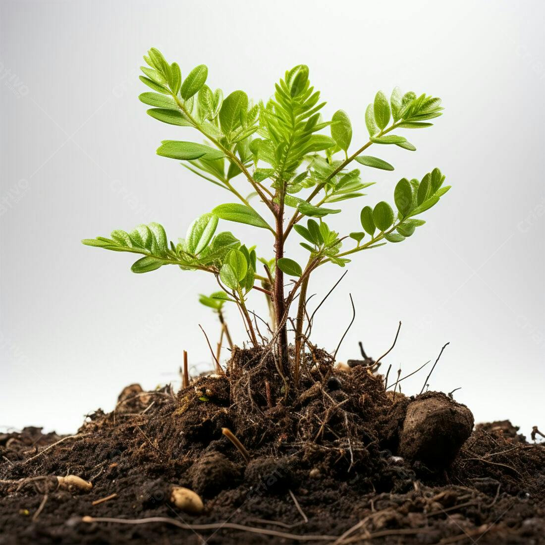 Planta jovem crescendo em solo escuro