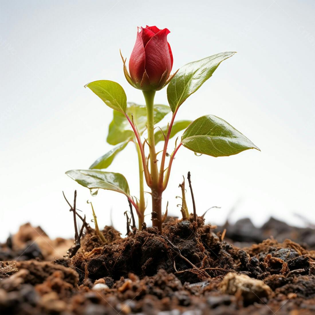 Rosa vermelha brotando solo escuro
