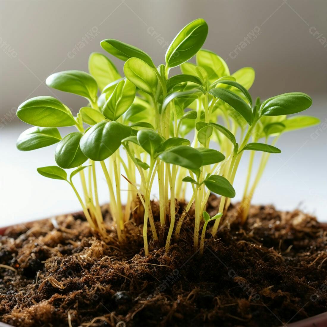 Mudinhas verdes em vaso de terra