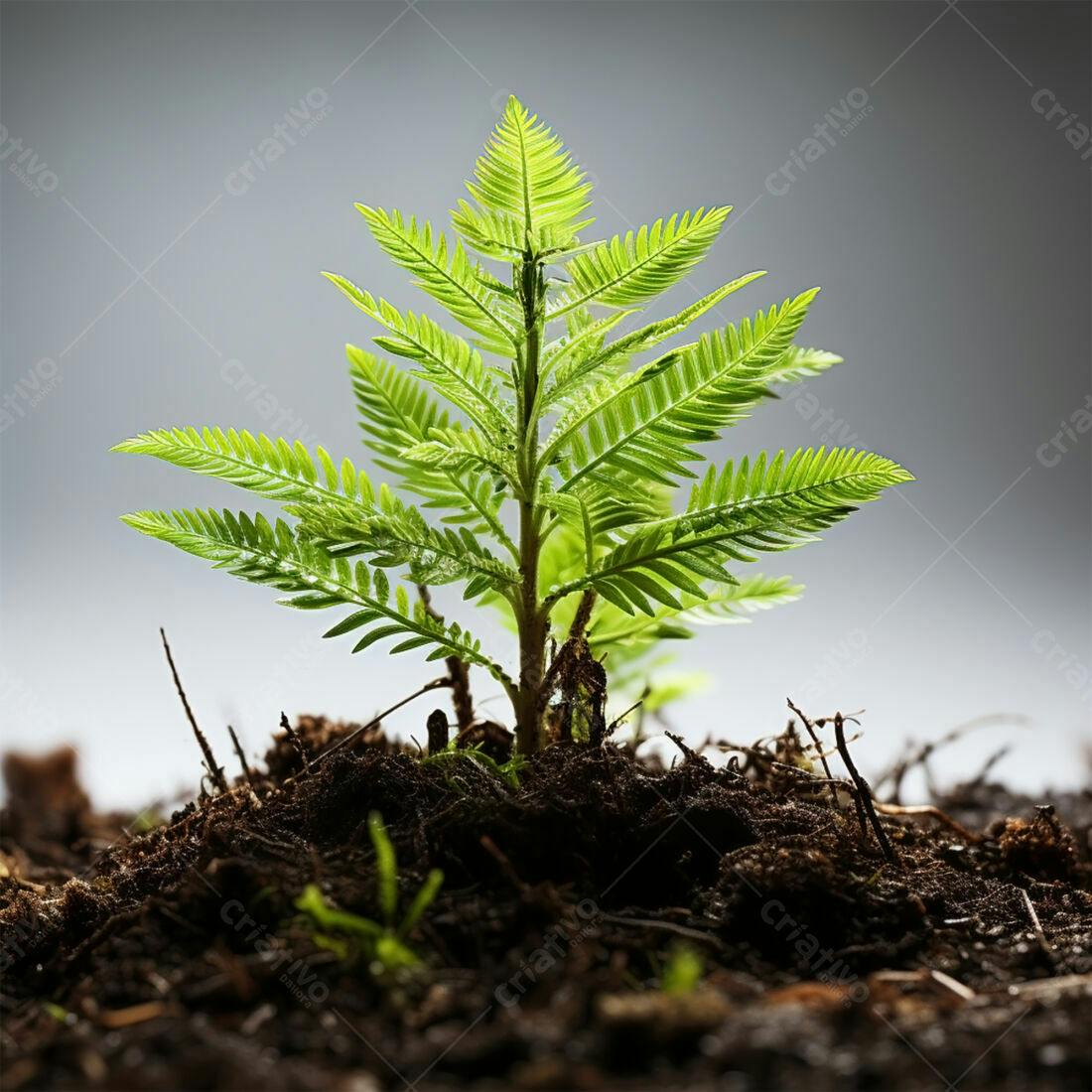 Planta brotando solo escuro fundo cinza