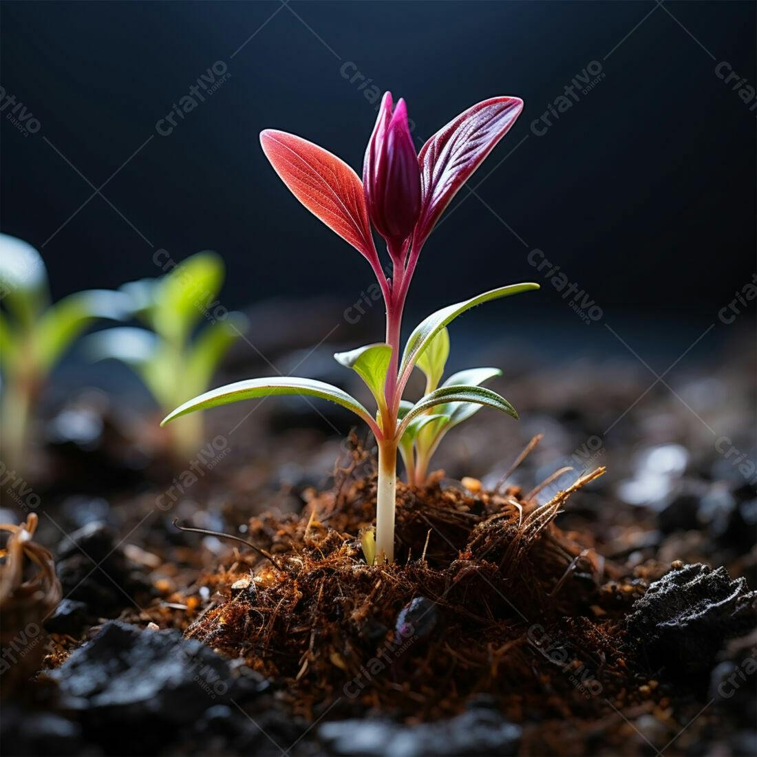 Planta brotando solo escuro tons vermelhos
