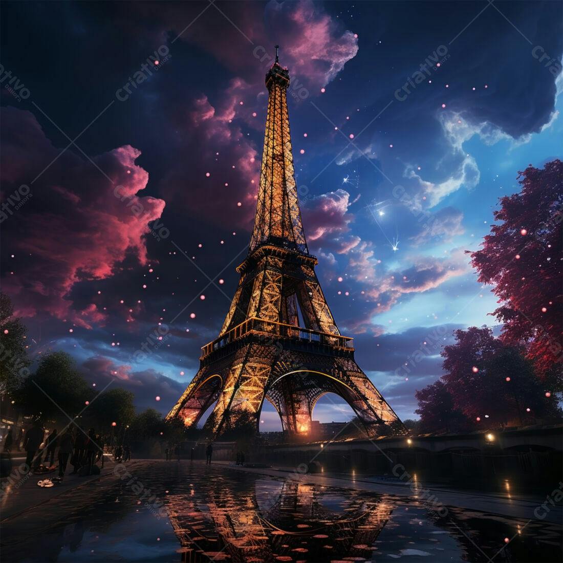 Torre Eiffel noturna com luzes e reflexo na água
