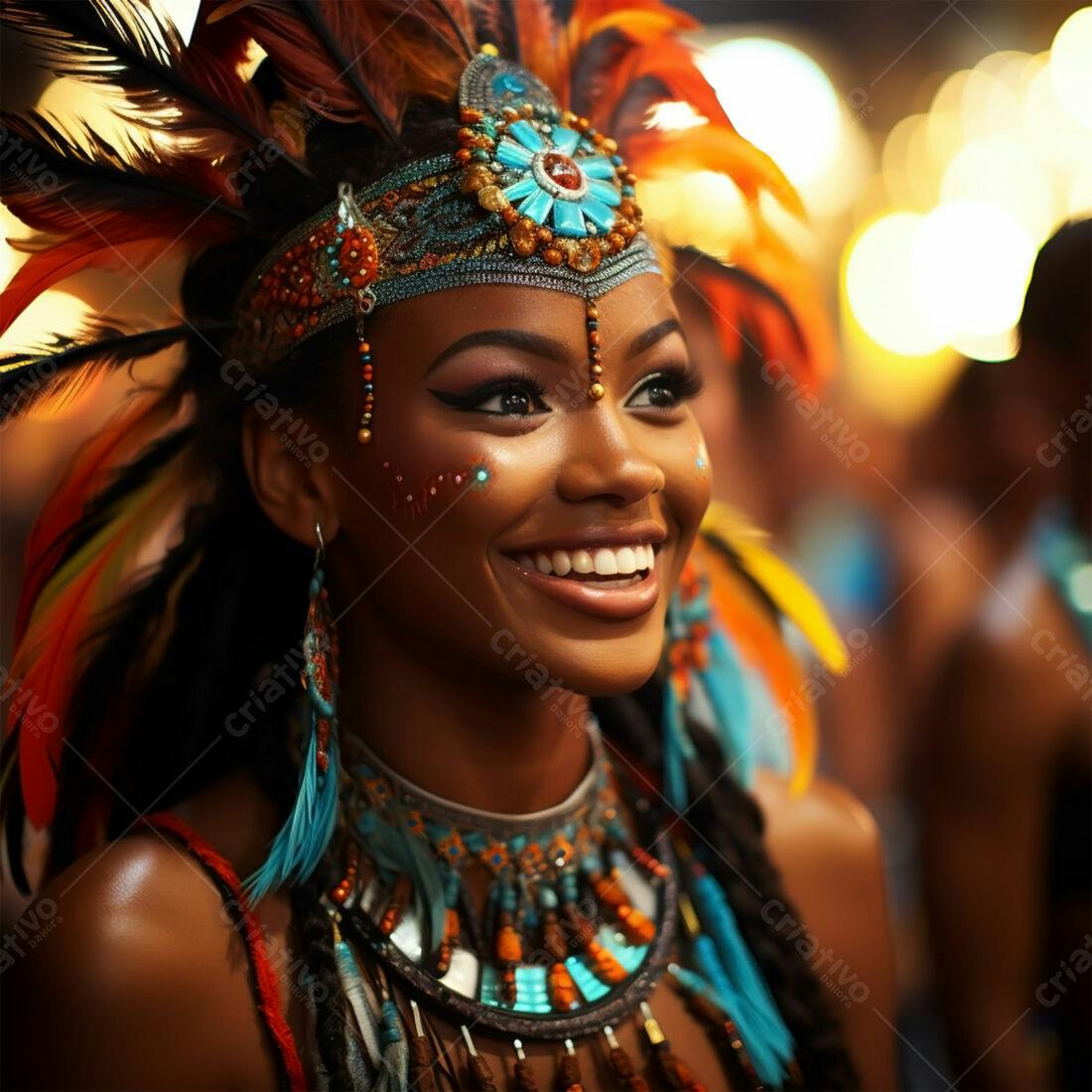 Mulher negra sorridente com adereço de penas
