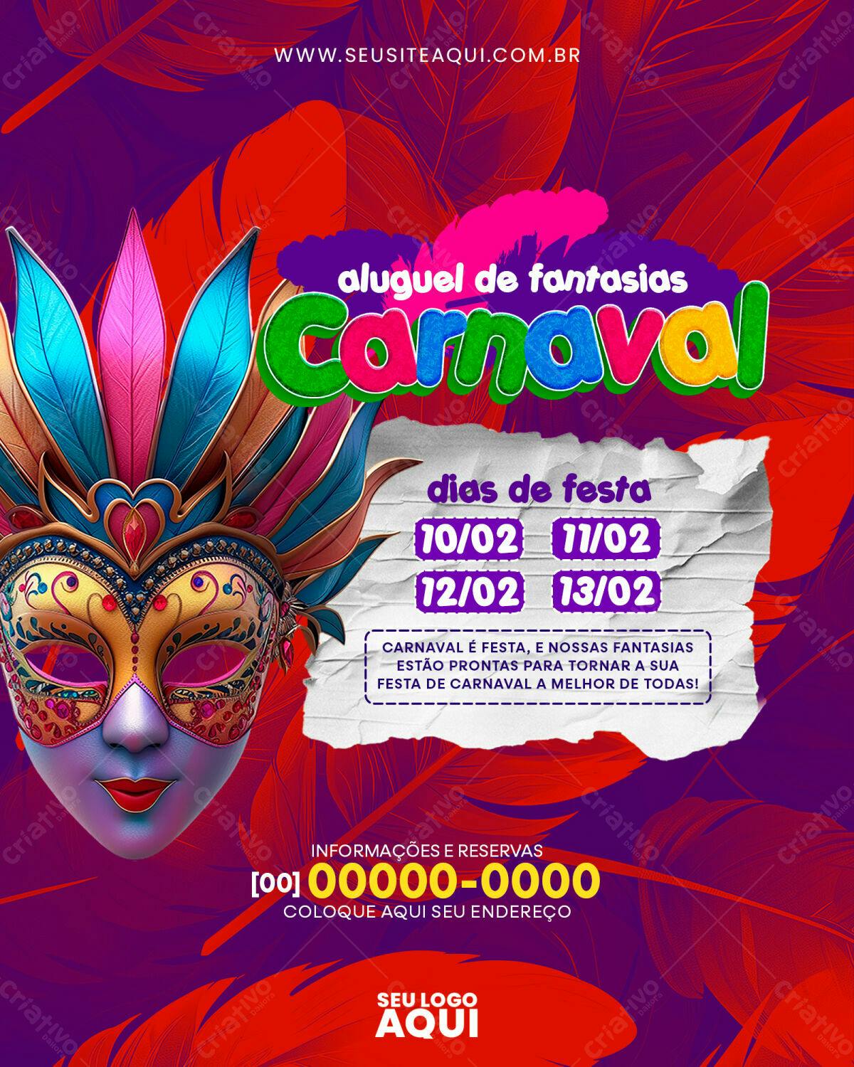 Flyer Carnaval Aluguel de Fantasias PSD Editável