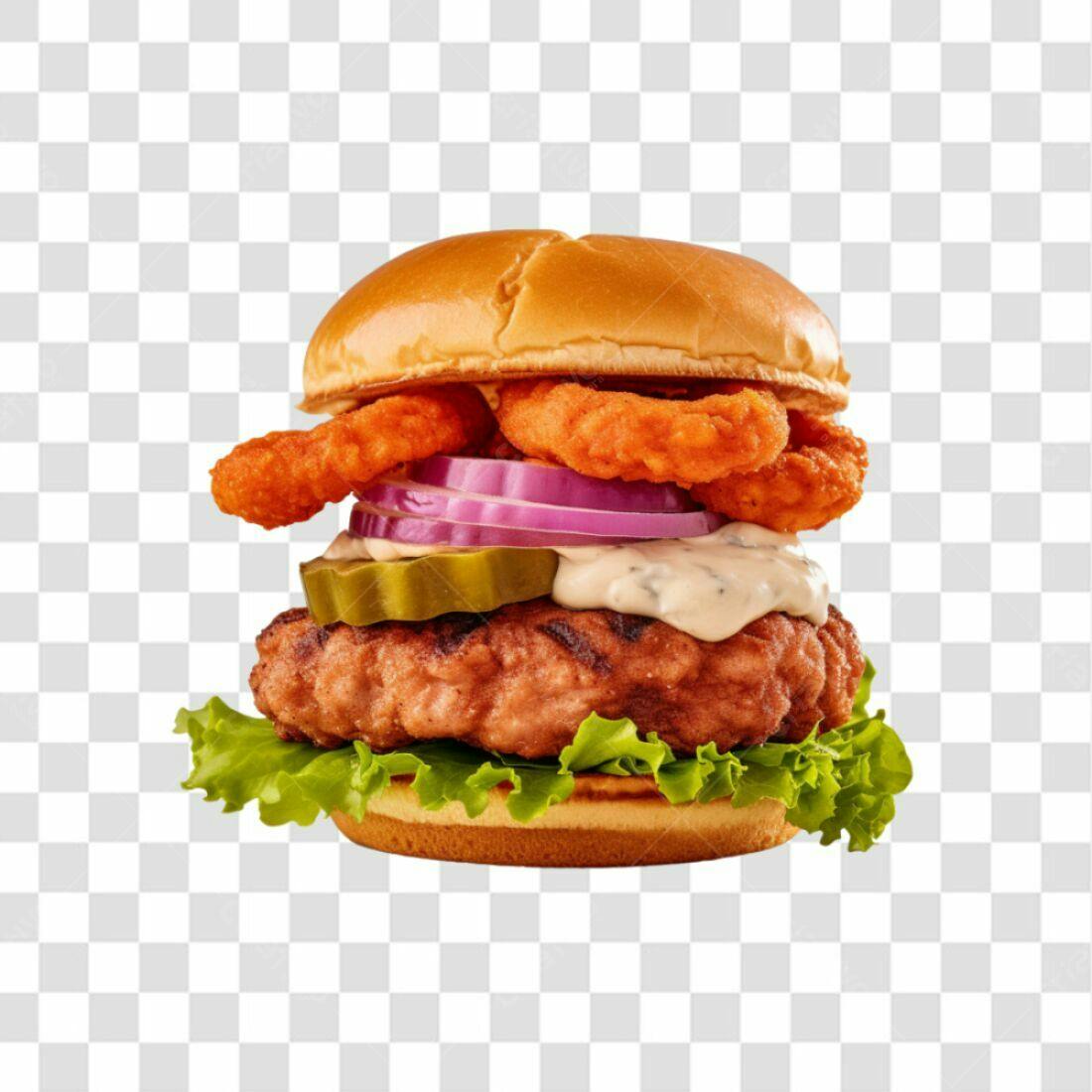 Imagem PNG de Hambúrguer com Aneis de Cebola com fundo transparente