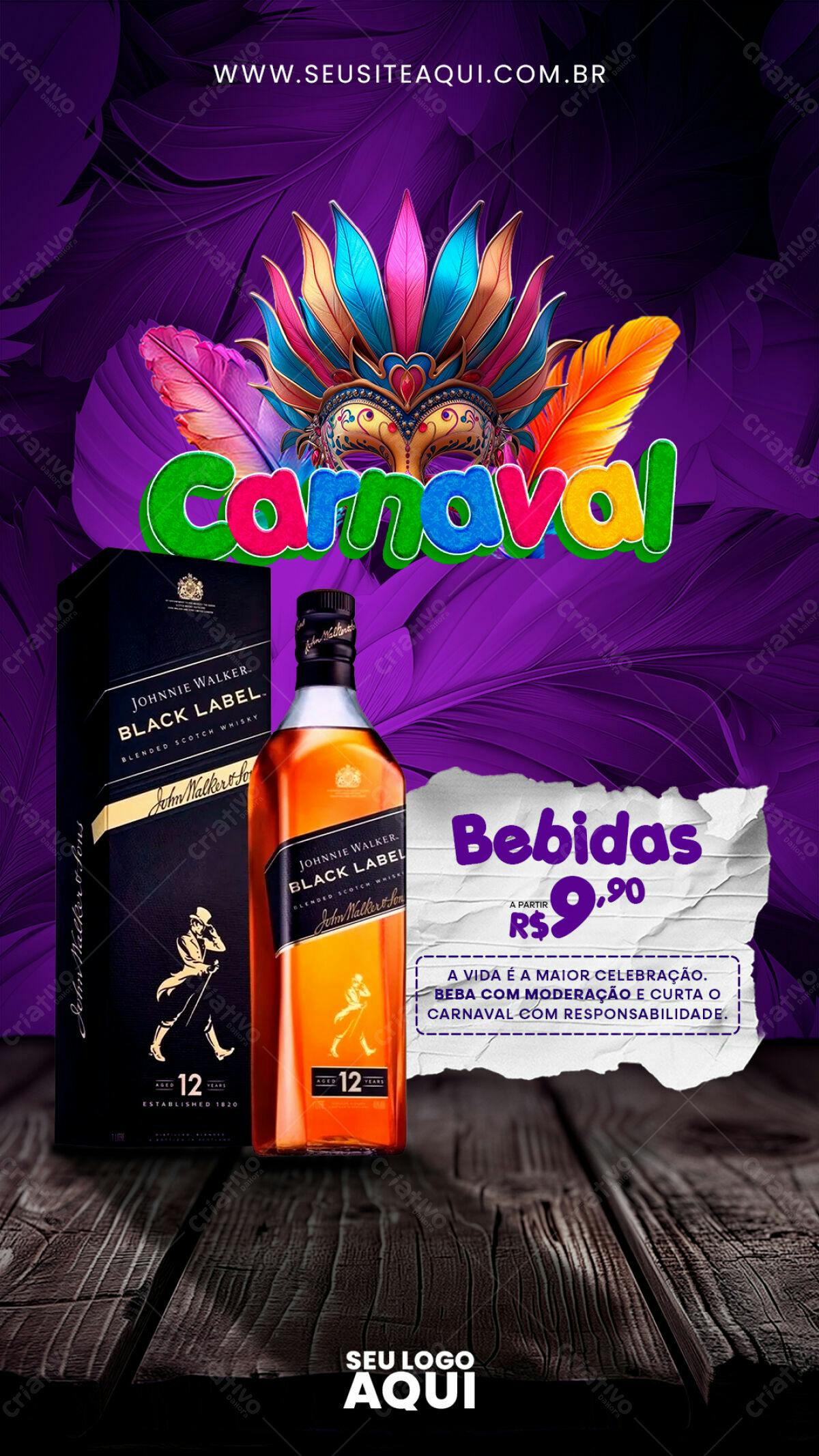 Flyer Carnaval com Máscara e Whisky PSD Editável