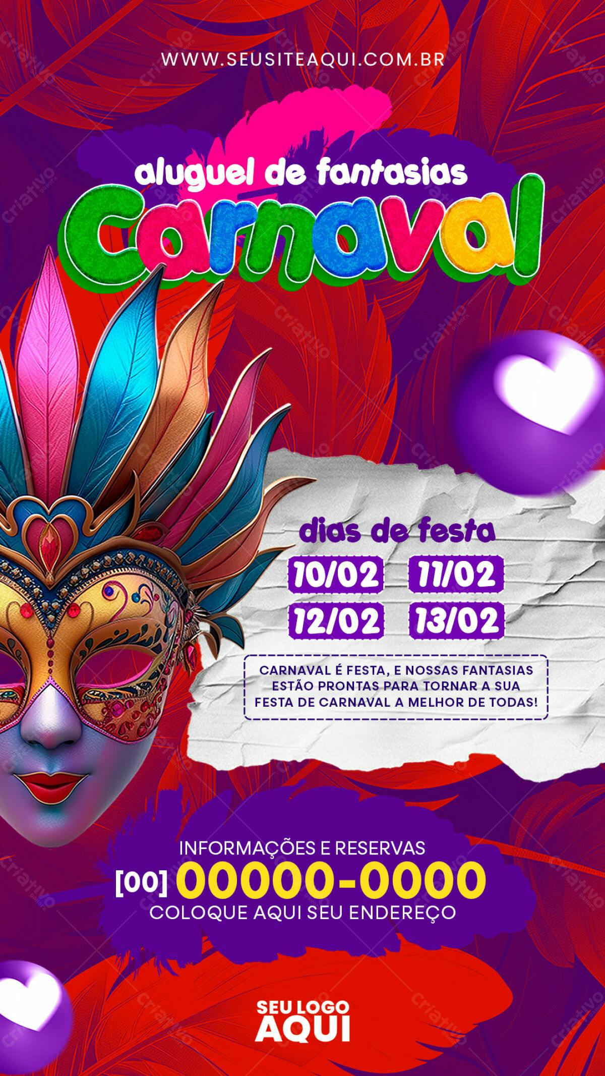 Flyer Carnaval Aluguel de Fantasias PSD Editável