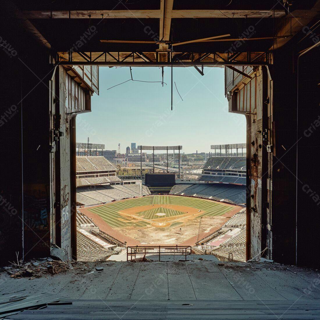 Estádio de Beisebol visto de estrutura abandonada