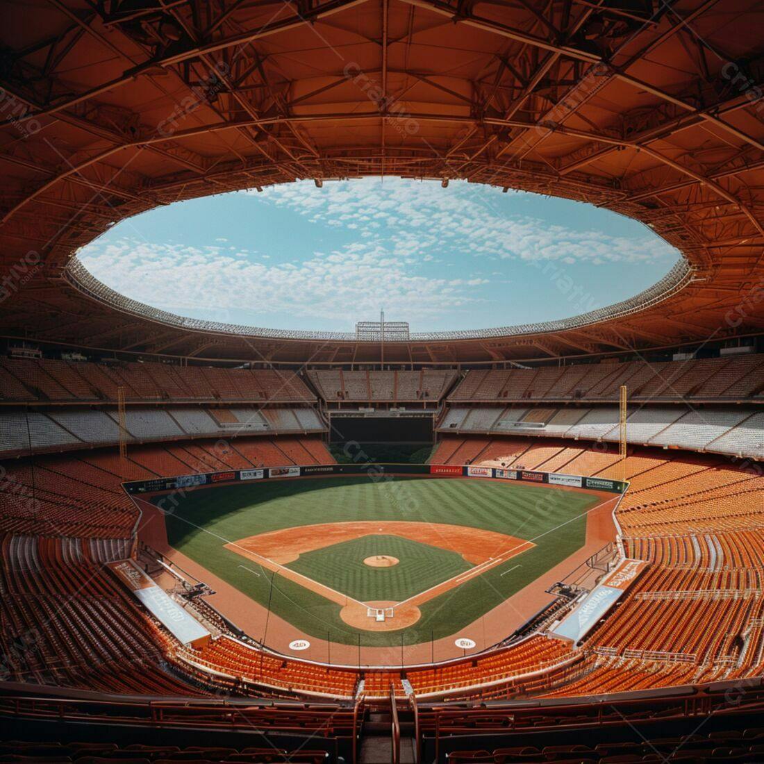 Estádio de beisebol vazio com arquibancadas laranja