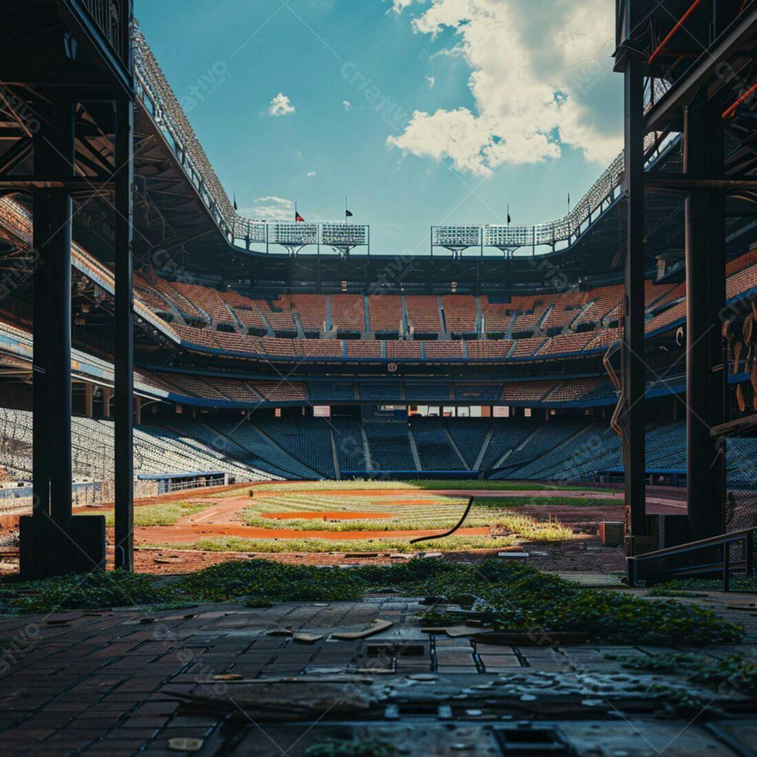 Estádio de beisebol abandonado com grama crescendo