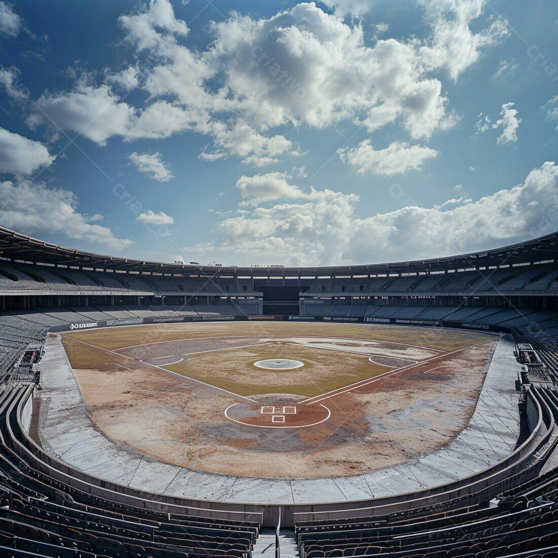 Estádio de beisebol vazio sob céu azul