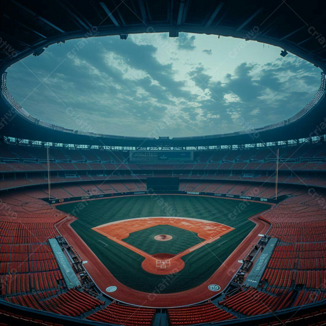 Estádio de beisebol vazio sob céu nublado