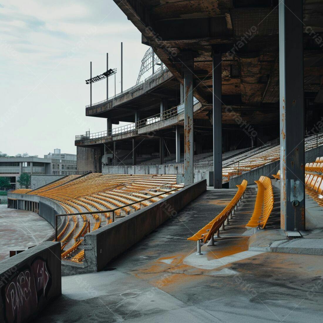 Estádio abandonado com assentos amarelos