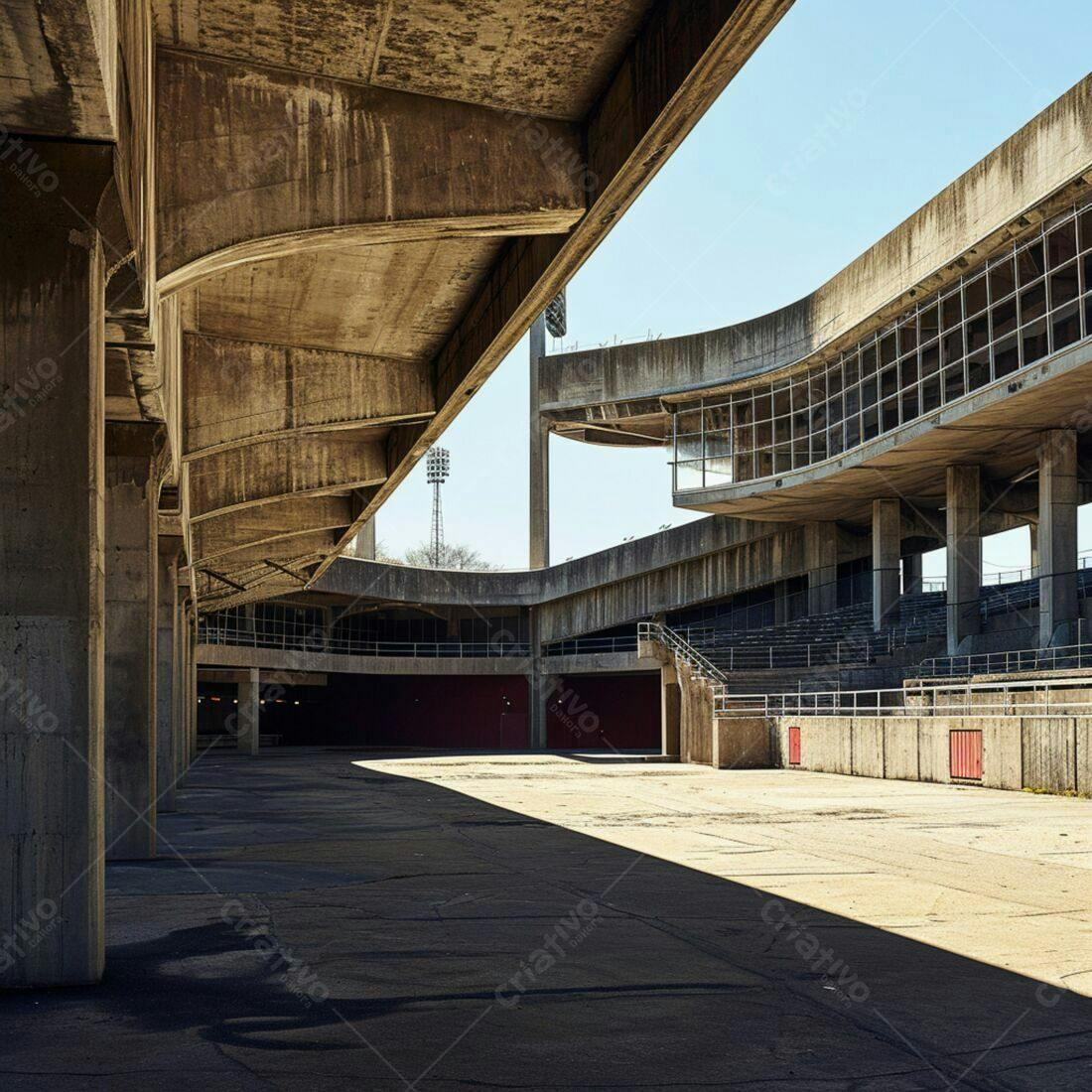 Estádio de concreto vazio sob sol forte