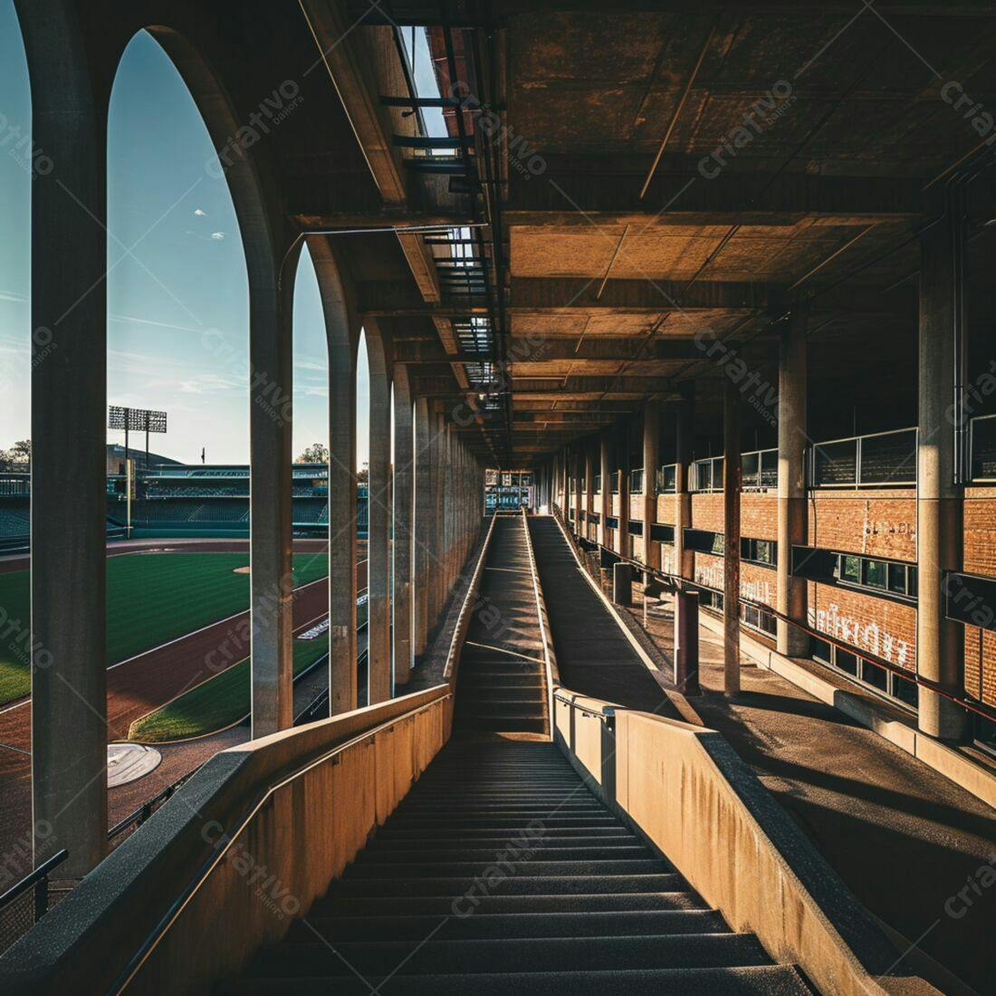 Escada em estádio de baseball ao entardecer