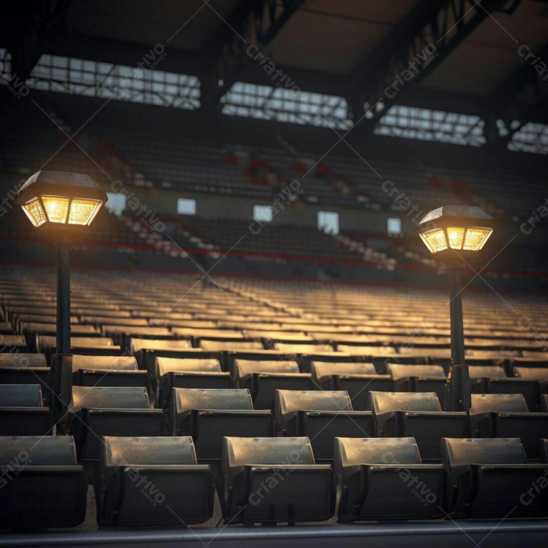 Cadeiras vazias em estádio iluminado ao entardecer