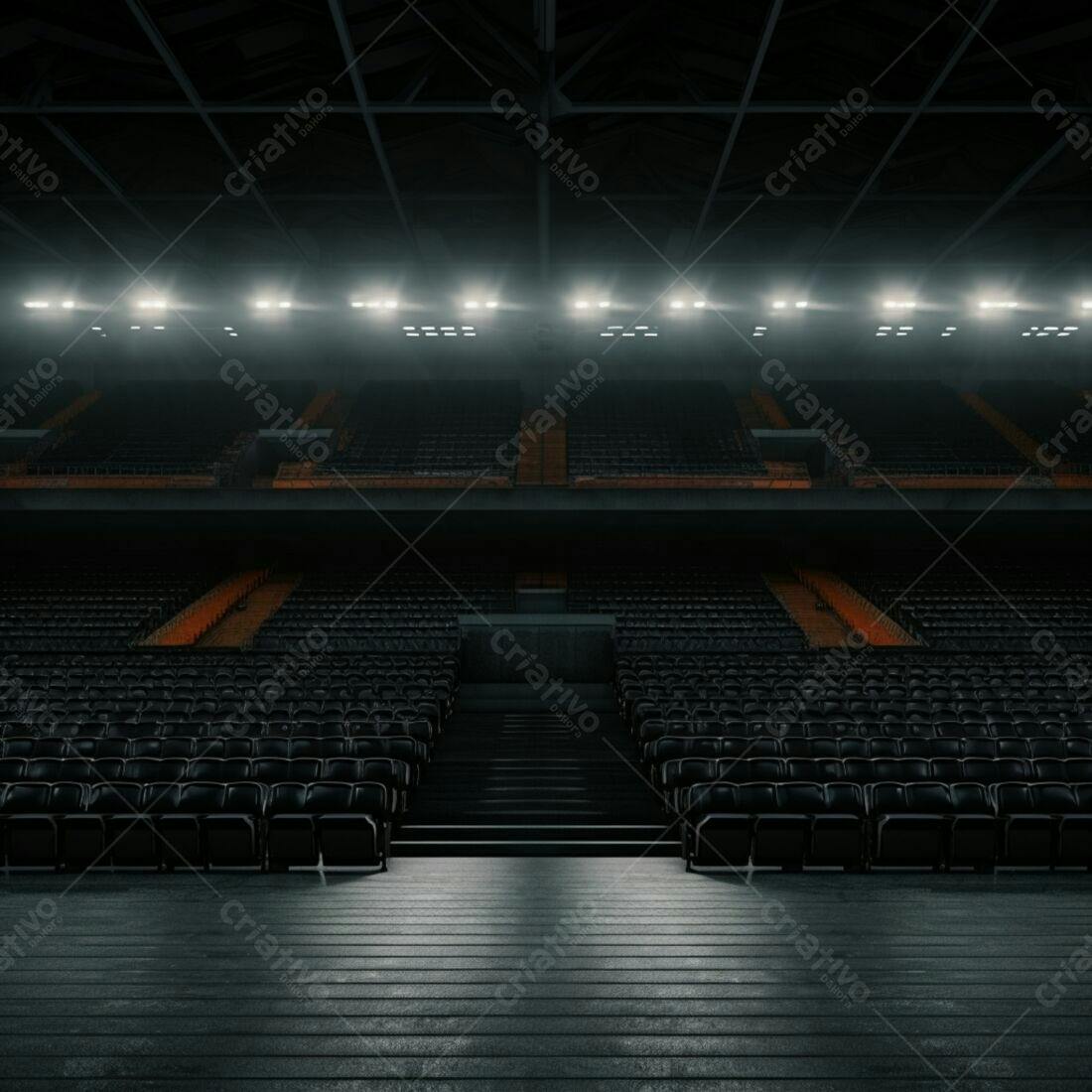 Estádio vazio com assentos pretos e iluminação