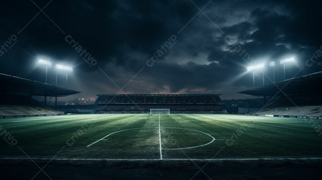 Campo de futebol noturno sob tempestade