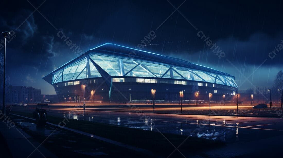 Arena moderna sob chuva noturna