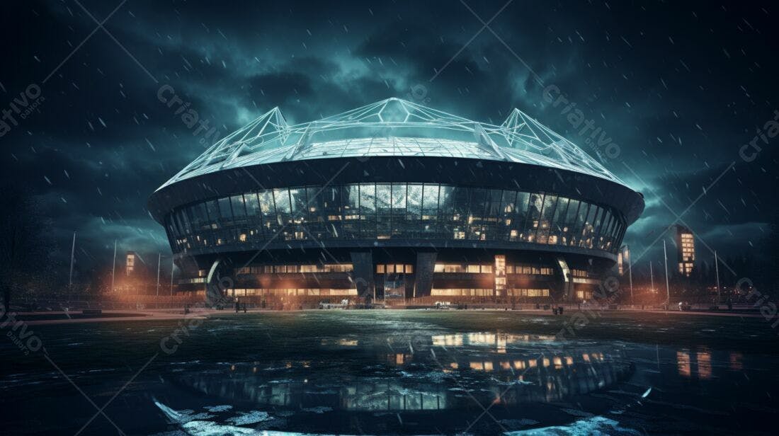 Estádio sob chuva noturna