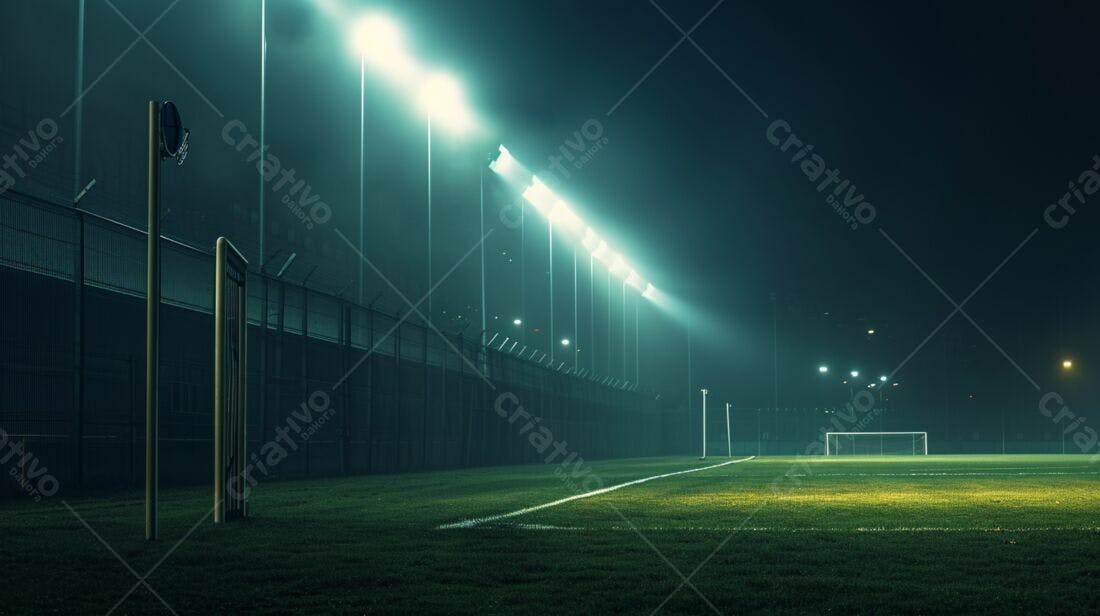Campo de futebol noturno sob neblina