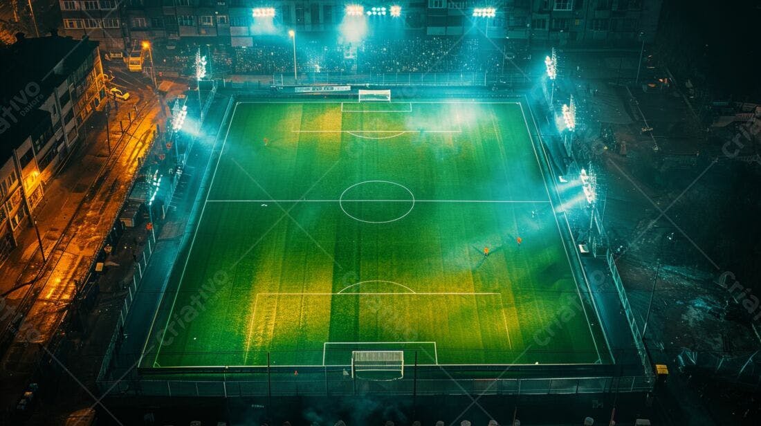 Campo de futebol noturno iluminado