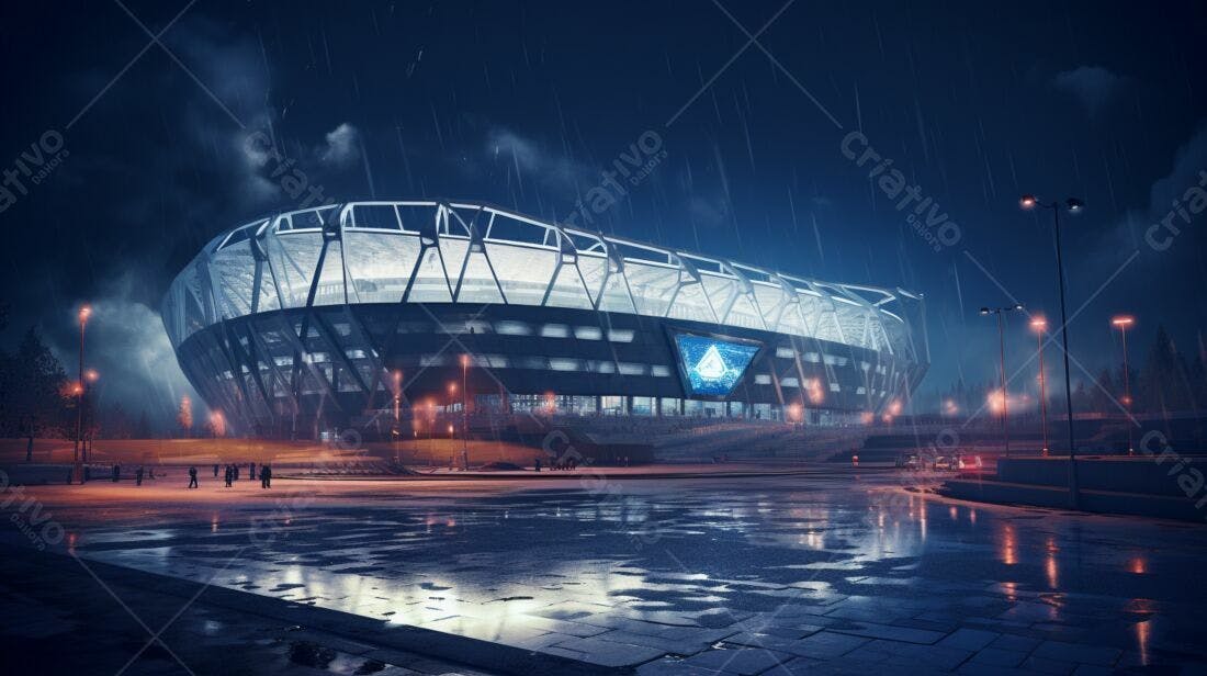 Estádio moderno sob chuva noturna