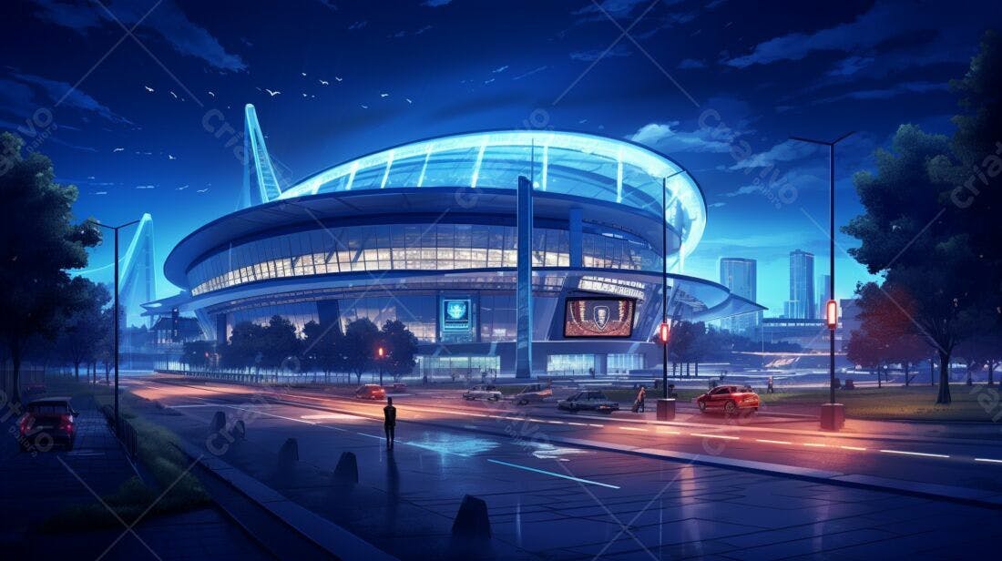Estádio moderno à noite azul e vermelho